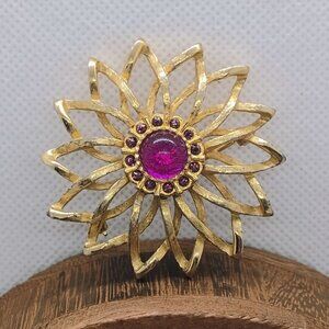 Vintage Beau Jewels Fuschia Pink Jelly Belly Rhinestone Flower Brooch Gold Tone